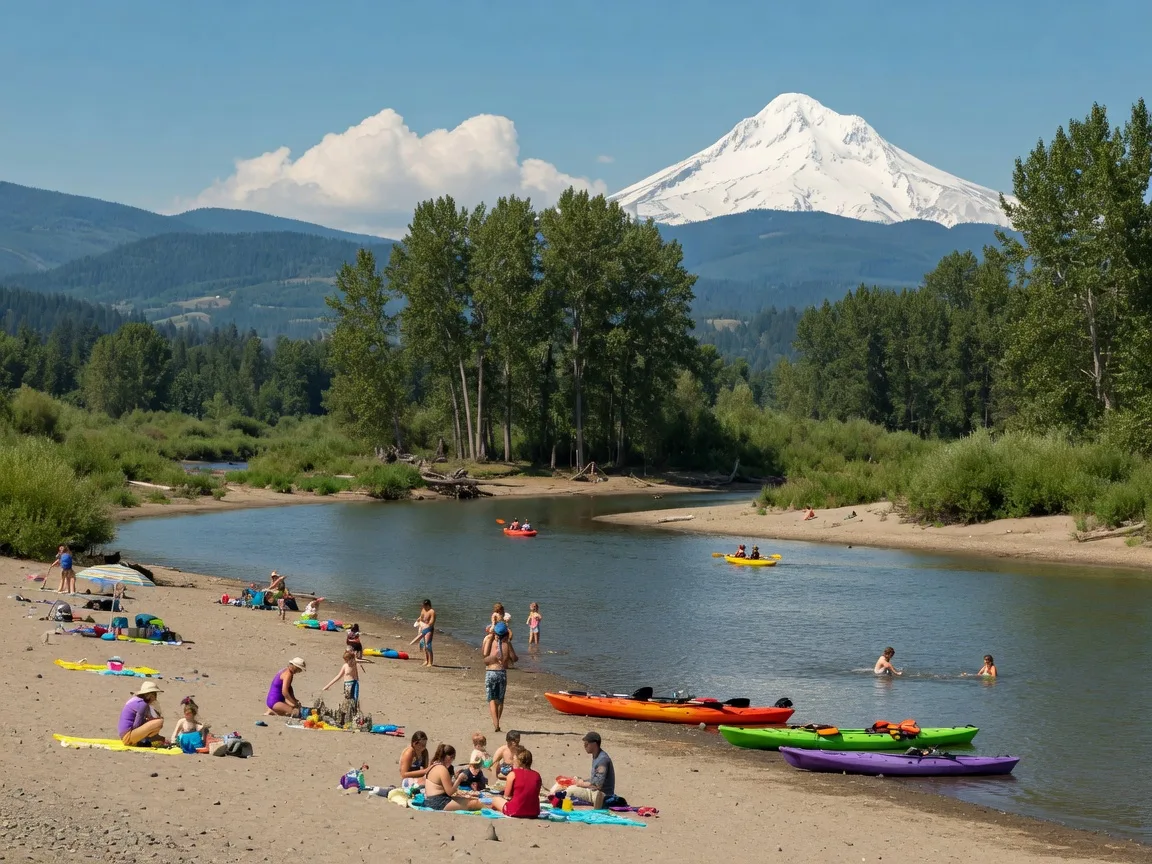 A sunny summer day at the Sandy River near Troutdale with families swimming and picnicking on a pebble beach and Mount Hood on the horizon