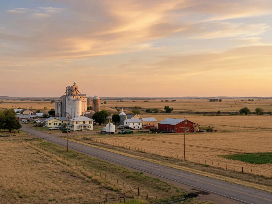 Rural farming landscape in Sterling, Oklahoma with a grain elevator and open farmland
