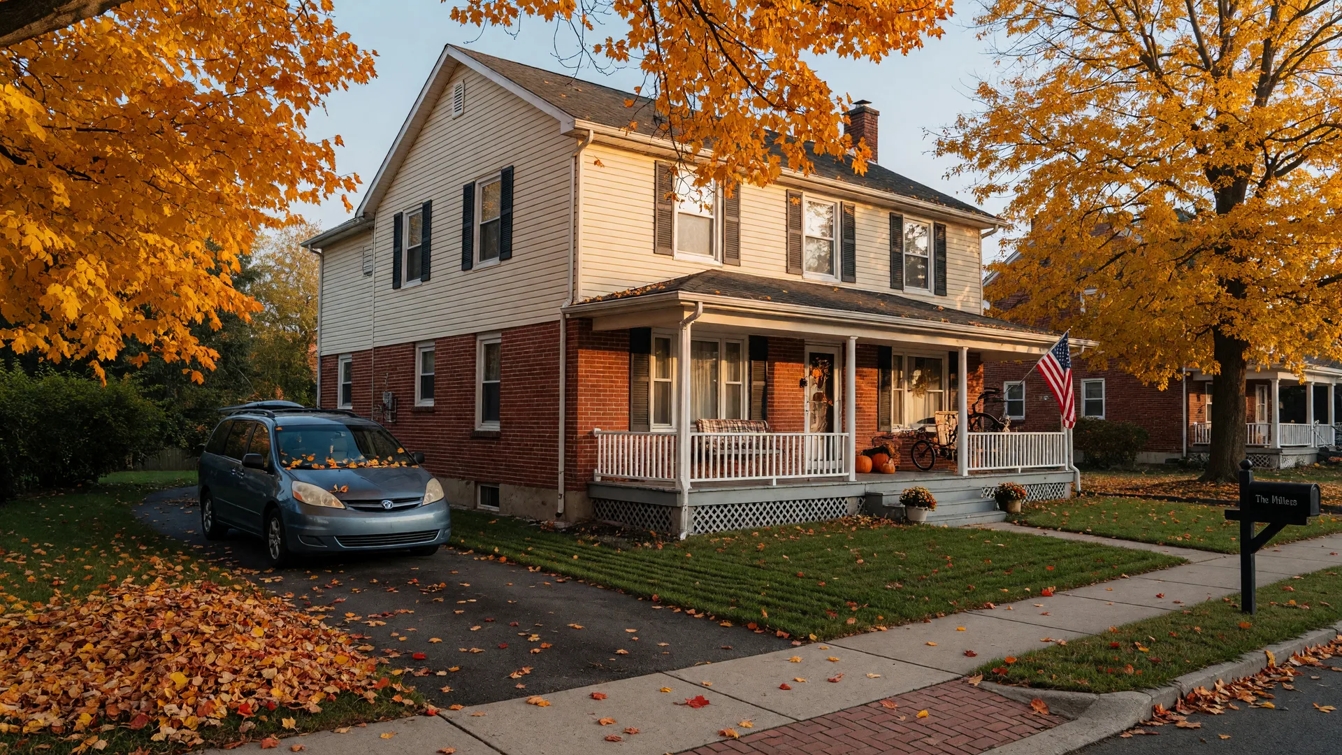 A cozy brick and siding family home in Wilmington, Ohio on a crisp fall morning, framed by golden maple and oak trees with orange and yellow leaves, a front porch, and a freshly raked yard