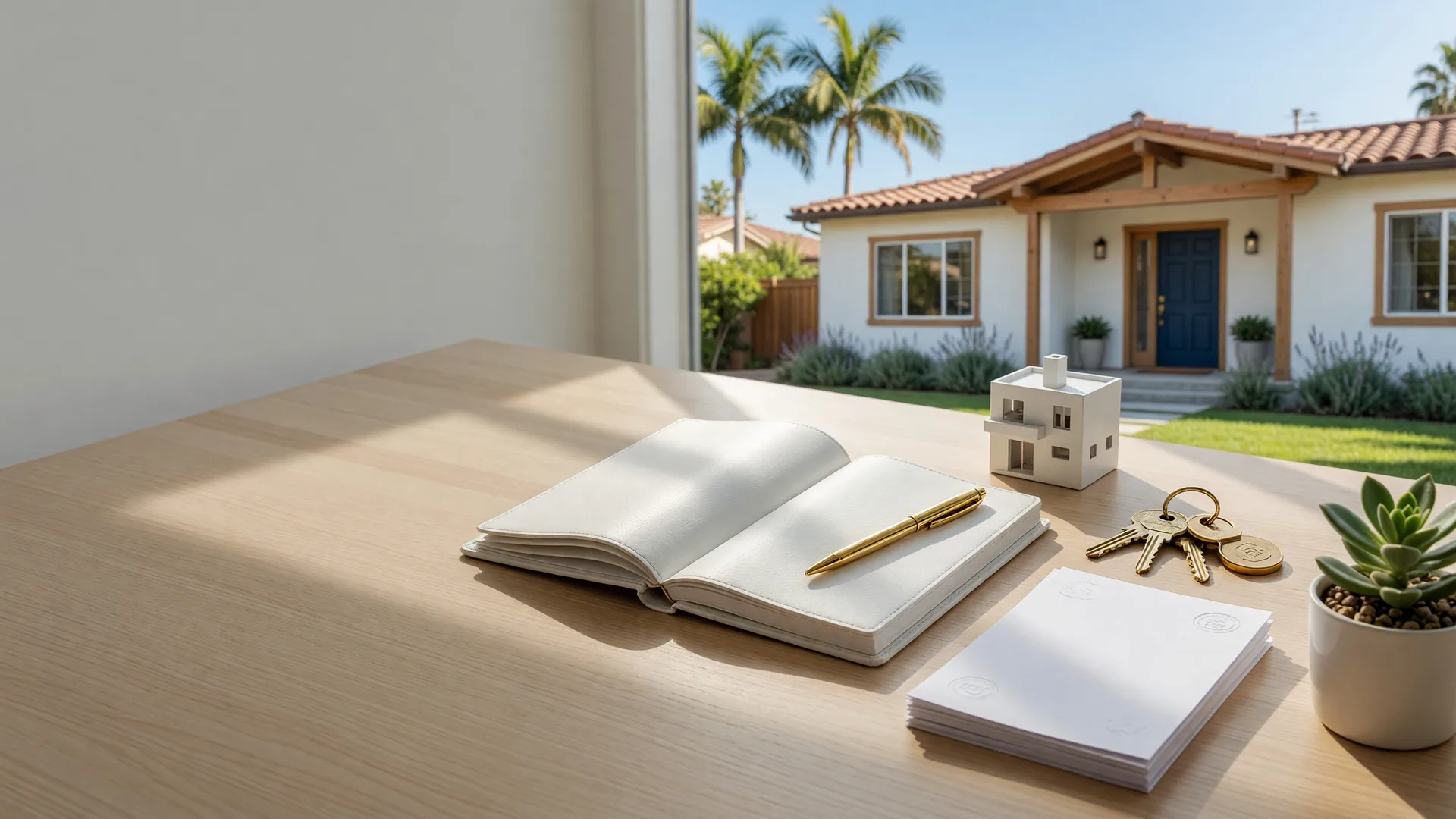 A sunlit desk with a planner, gold pen, model house, and house keys, with a California home softly blurred in the background, representing the home buying process from planning to keys in hand