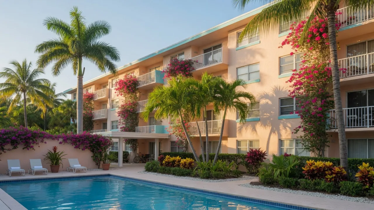Well-maintained South Florida condo community with tropical landscaping and pool on a sunny summer morning