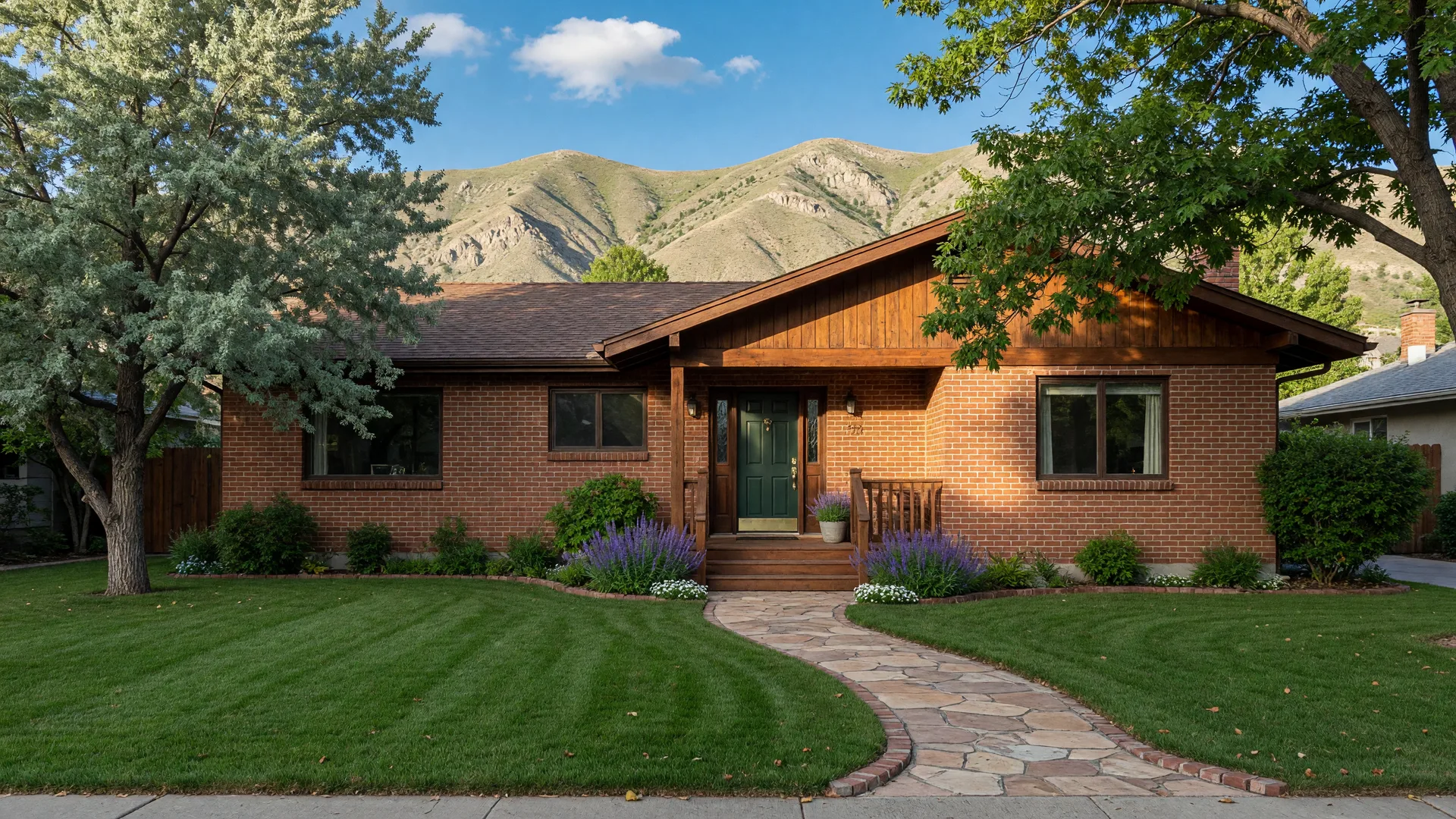 A classic brick and wood Carson City home with a flagstone walkway and mature shade trees in golden afternoon light.