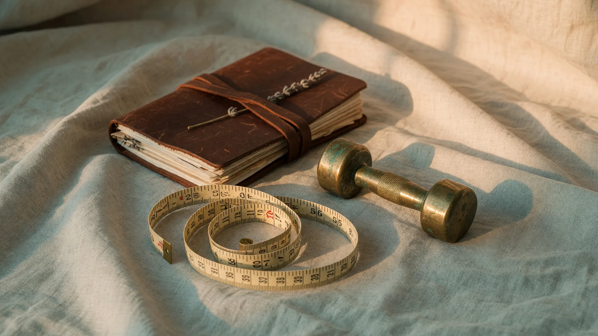 A measuring tape coiled beside a small brass dumbbell and a leather journal on linen