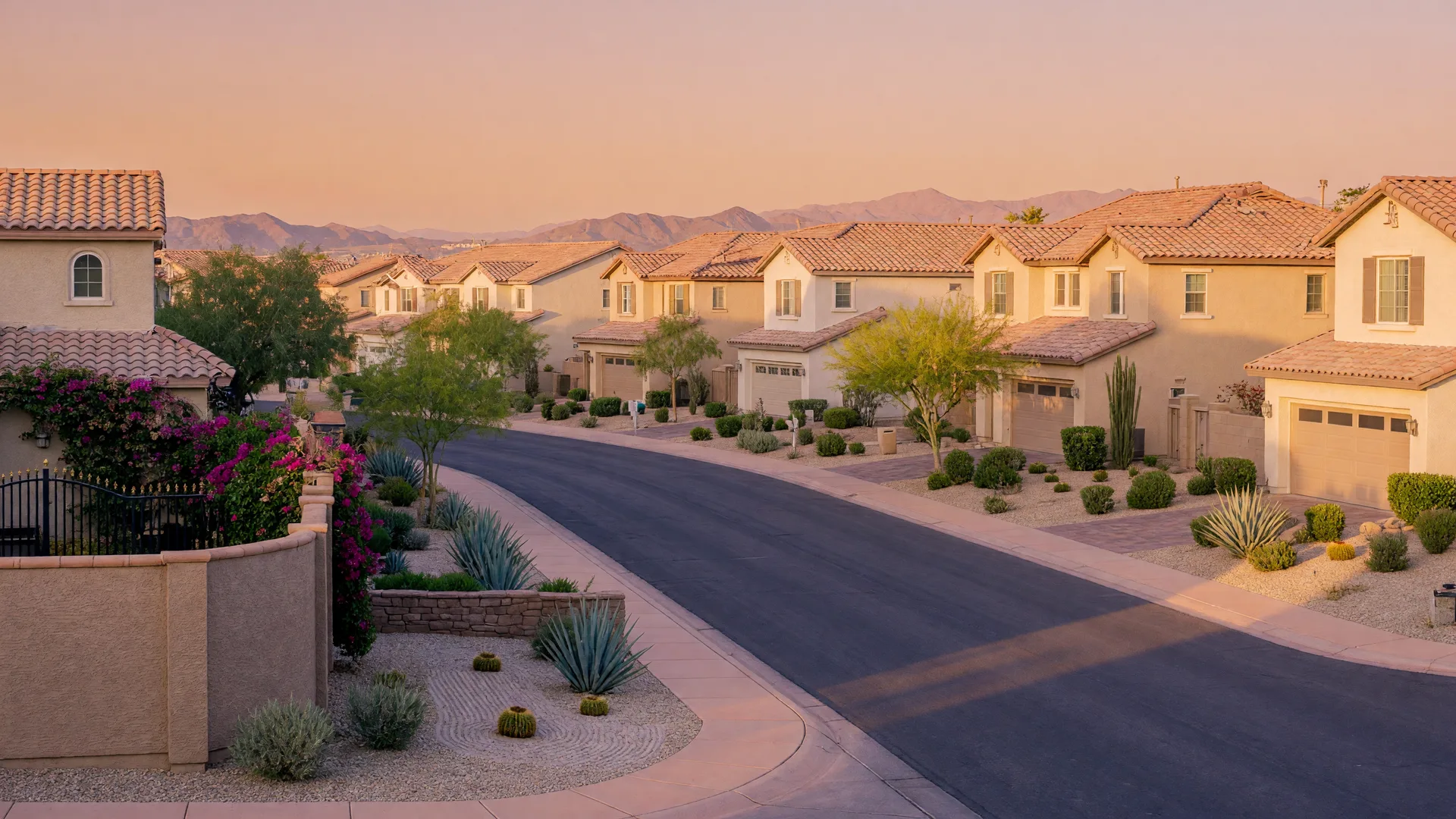 Tree-lined street in an established Las Vegas desert neighborhood with a mix of single-story and two-story stucco homes and mountains in the distance
