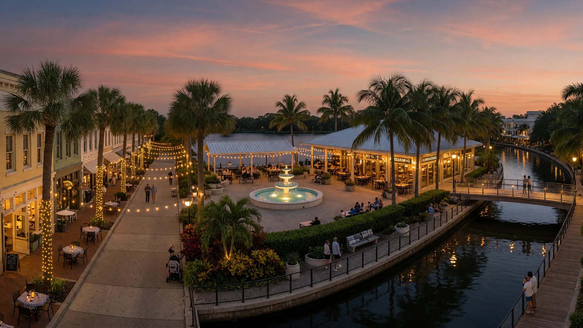 Three vibrant downtown districts in Southwest Florida at dusk: a palm-lined Main Street with string lights, a modern lakefront town square with a fountain and pavilion, and a riverwalk promenade with a pedestrian bridge