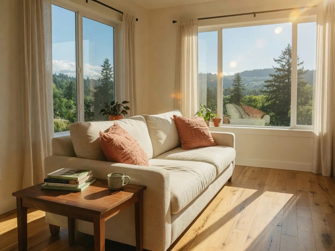 Bright warm living room with cream sofa, soft accent pillows, and windows over green hills