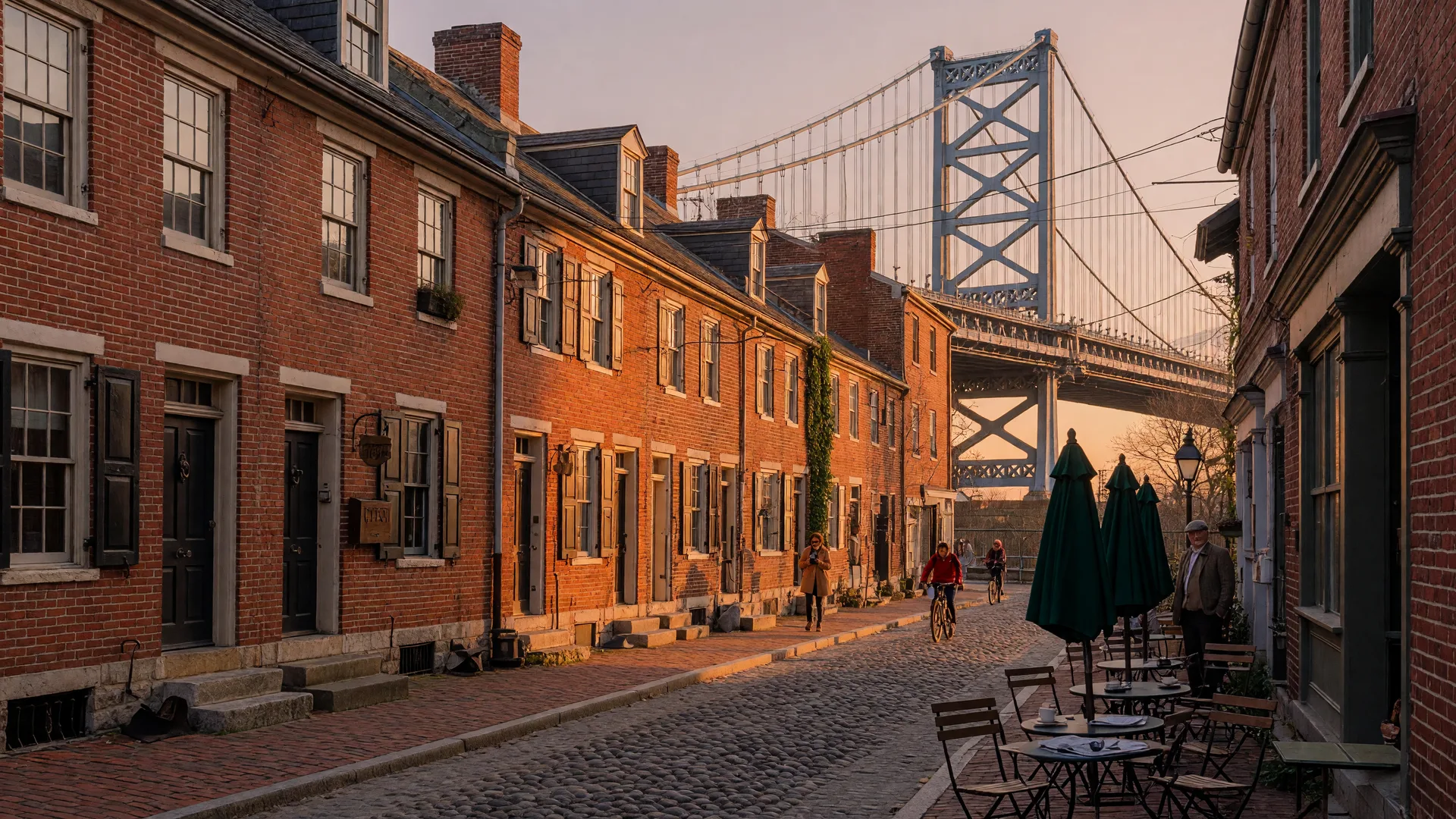 Old City Philadelphia historic brick buildings and cobblestone streets with Benjamin Franklin Bridge in background