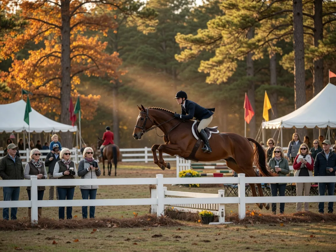 A horse and rider mid-jump over a white fence at an autumn equestrian event in a pine-lined arena with spectators watching