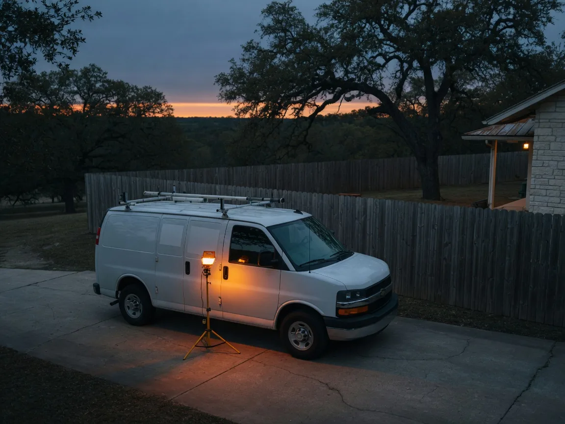 A handyman service van parked at a Texas Hill Country home at dusk near San Antonio