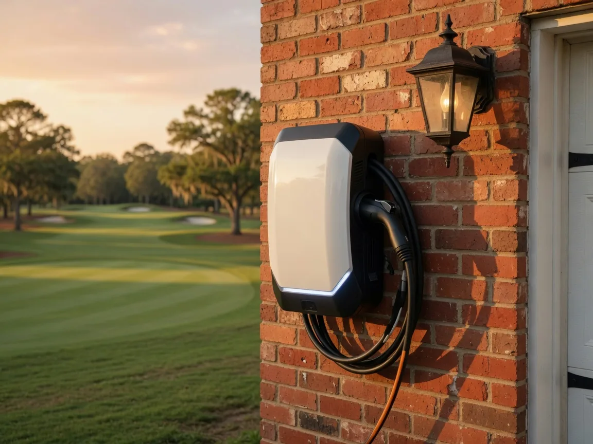 Wall-mounted Level 2 EV charging station on the brick garage of an upscale Georgia home at golden hour with a golf course softly blurred behind it