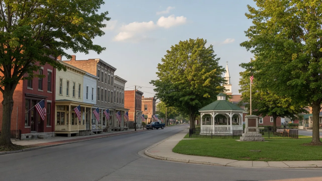 Quiet main street in Berlin Heights, Ohio with historic buildings, mature trees, and American flags on a peaceful late-summer morning