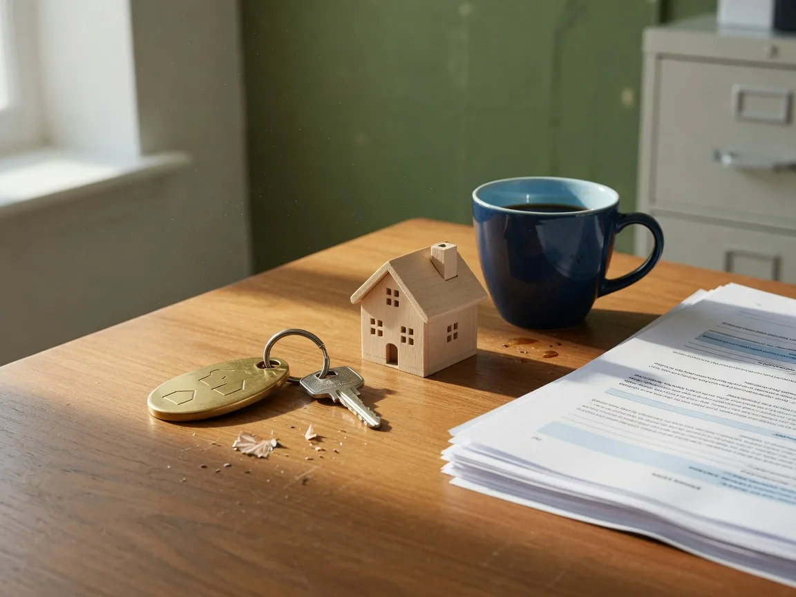 A wooden desk in an independent Ohio real estate office with a brass key fob, a small model home, a coffee mug, and a folded stack of freshly printed documents in warm morning light
