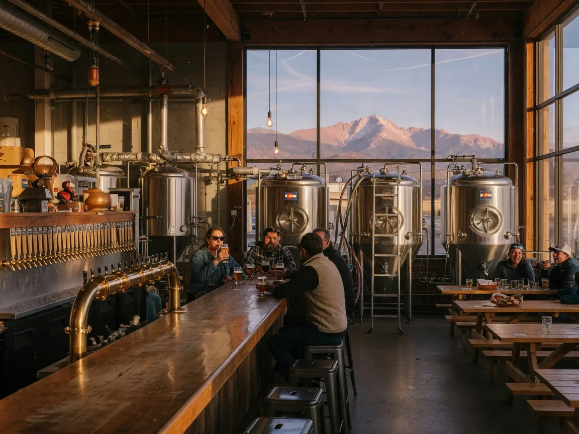 Craft brewery tasting room in Longmont with customers at wooden bar and Longs Peak visible through windows