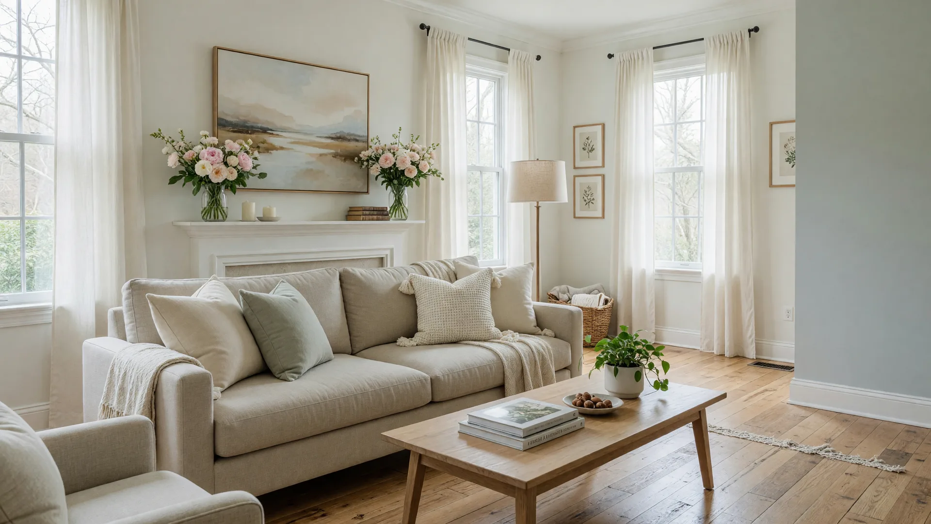 Professionally staged bright living room with neutral linen furniture, fresh flowers, and natural light through large windows