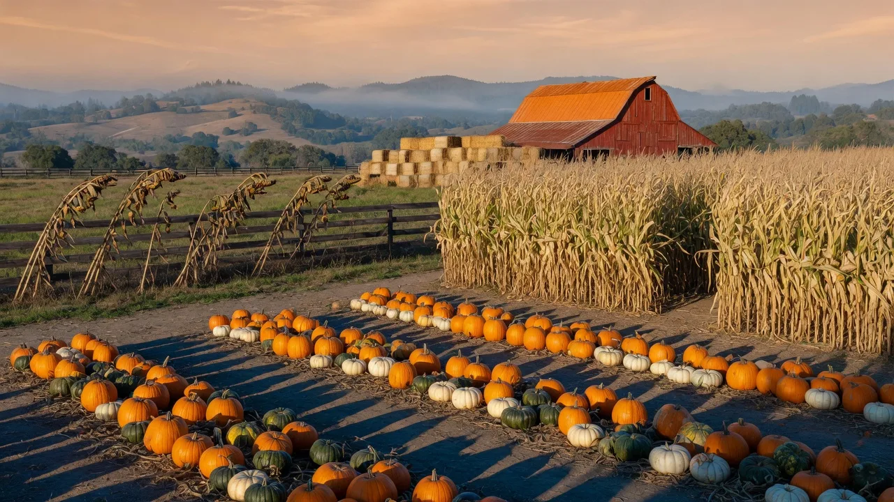 Rows of pumpkins leading toward a tall corn maze on a family farm at golden hour, with hay bales and a red barn in the background
