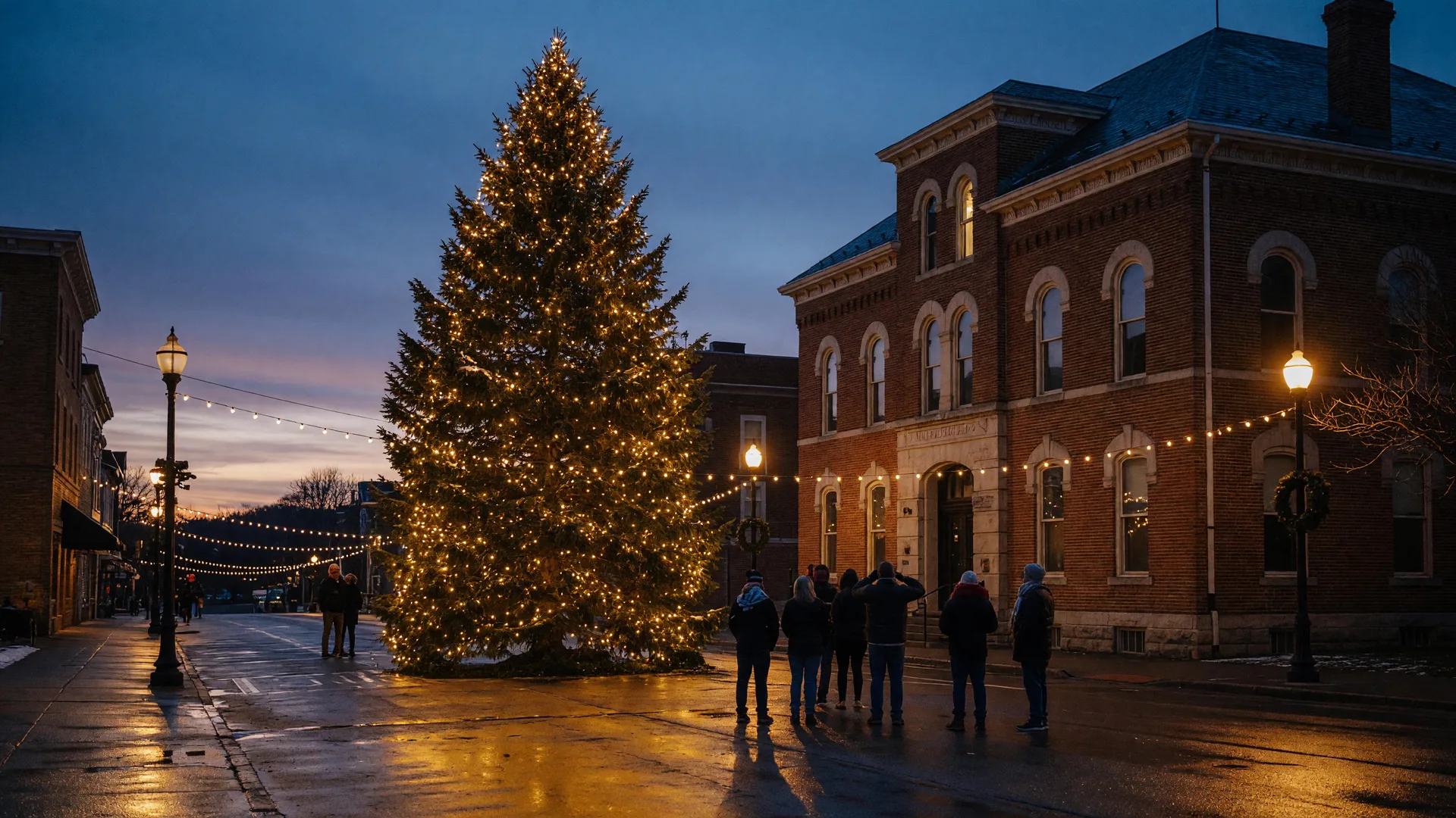 The Christmas tree lighting ceremony at dusk on the main street of Conshohocken, Pennsylvania