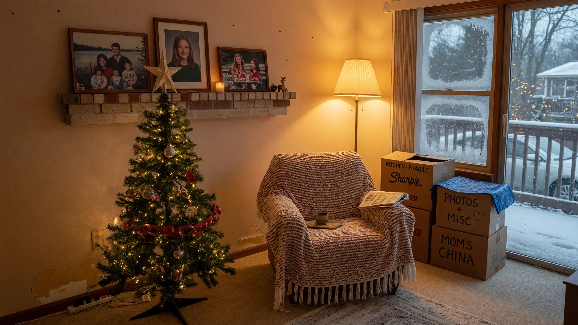 A warm living room in a recently downsized Northwest Indiana home in early December, with a modest Christmas tree with soft golden lights, labeled moving boxes near a snow-dusted window, a knit-draped armchair, and framed family photographs on the mantel
