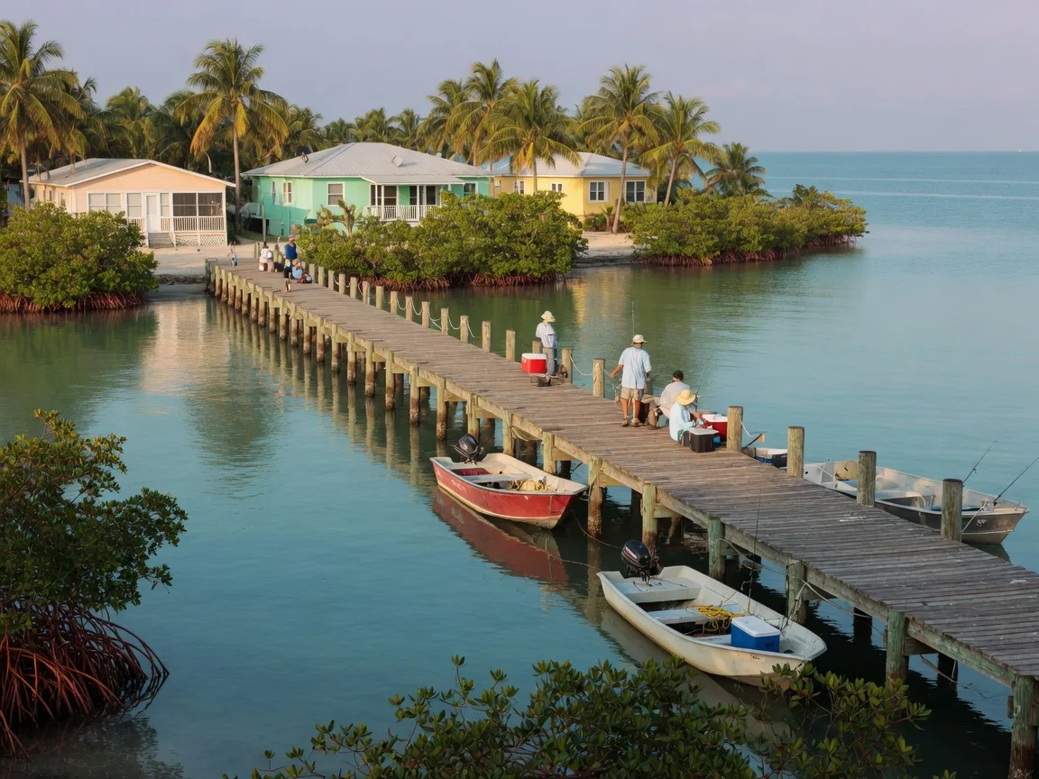 The historic wooden Anna Maria City Pier extending over calm turquoise Tampa Bay water, with a few small fishing boats moored alongside and mangroves framing the shore