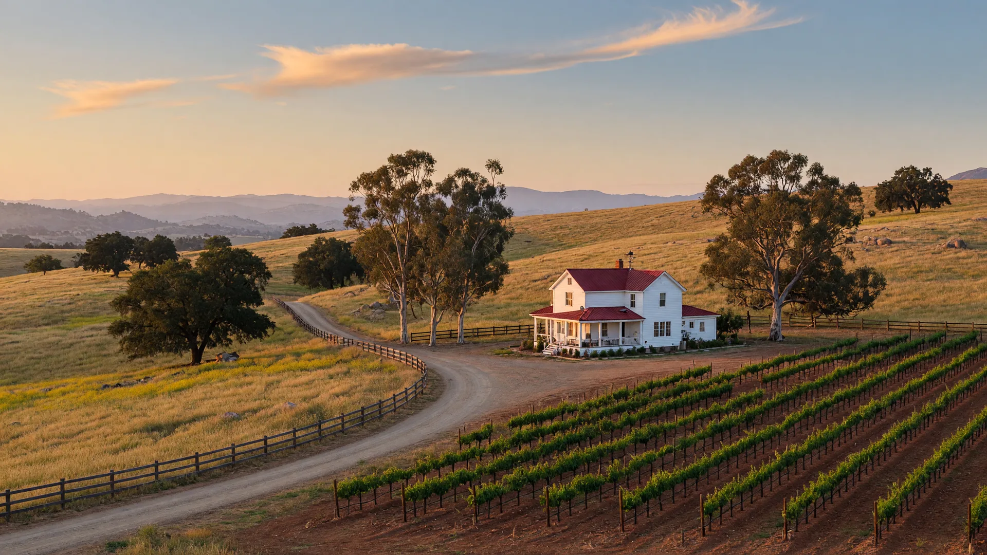 A farmhouse nestled among rolling golden hills, farmland, oak trees, and open countryside in inland San Diego County