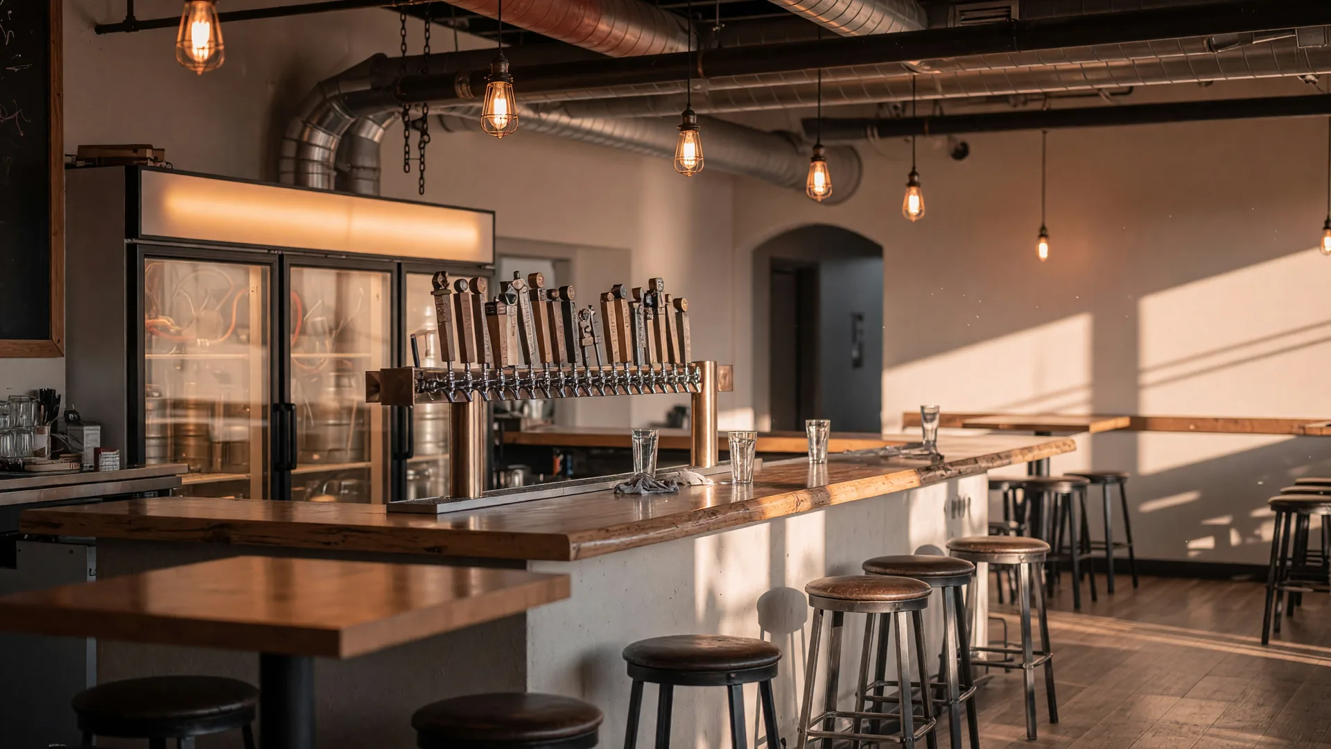 The interior of a modern craft brewery taproom with a long bar, tap handles, and pendant lights