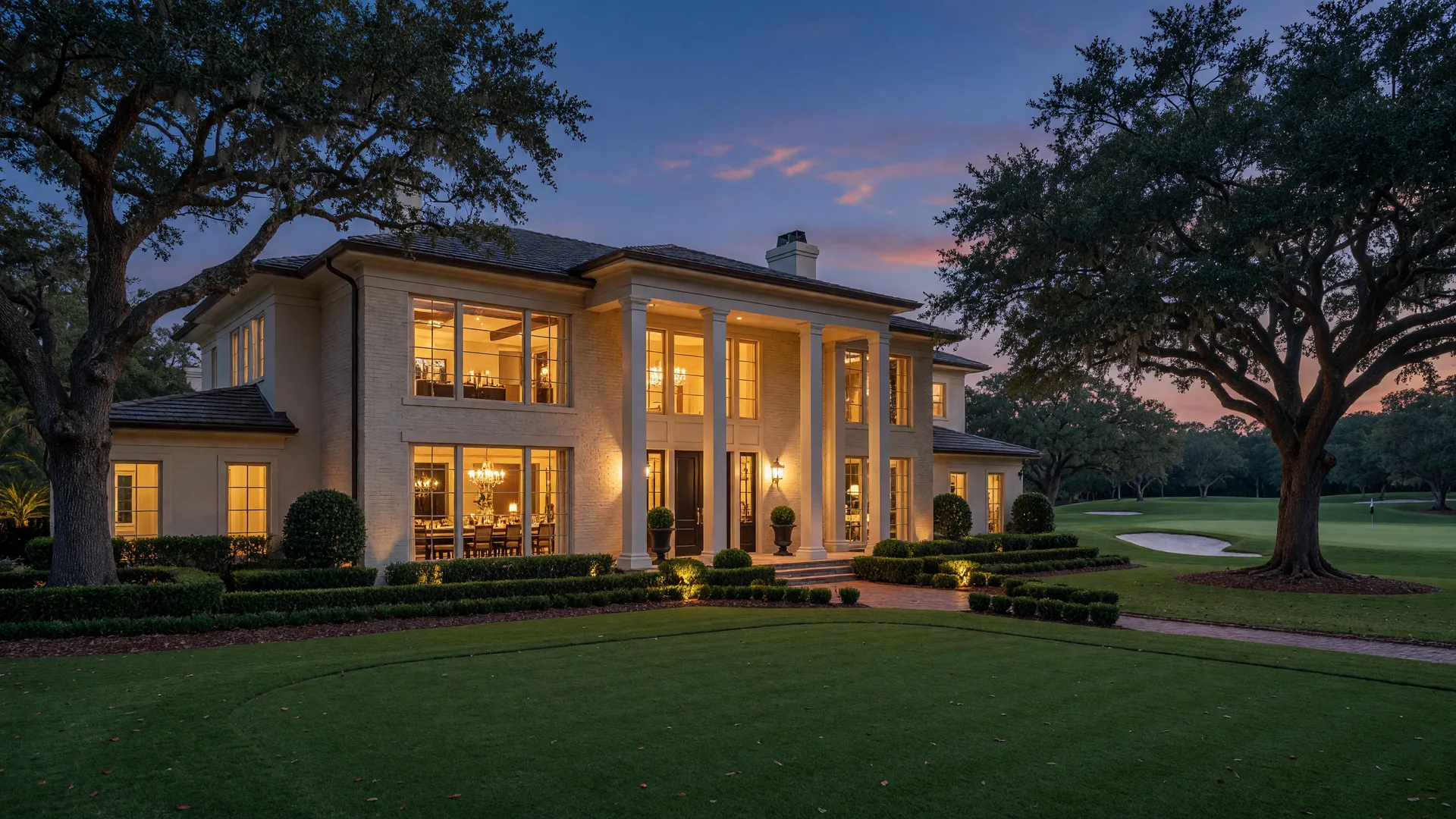 Luxury estate home in an upscale Georgia golf course community glowing warmly at dusk