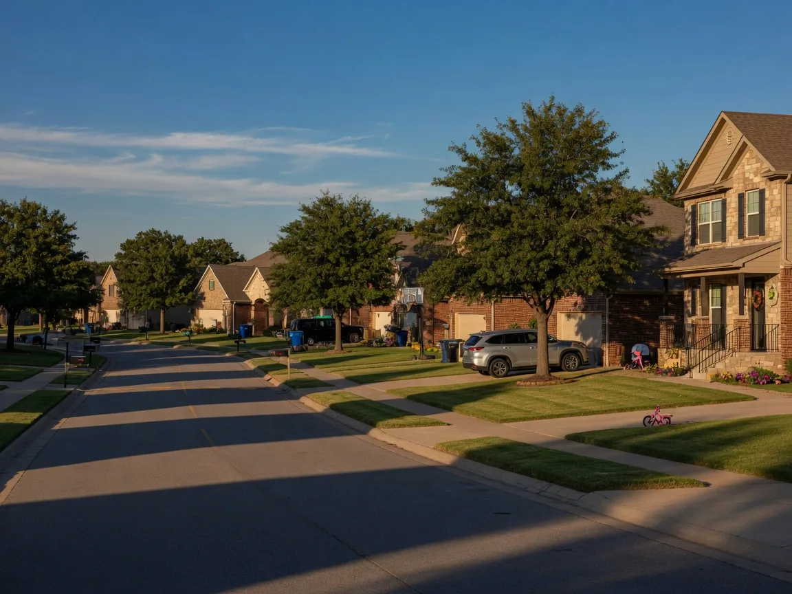 A quiet suburban street in Jenks, Oklahoma with newer construction homes and mature oak trees in golden afternoon light