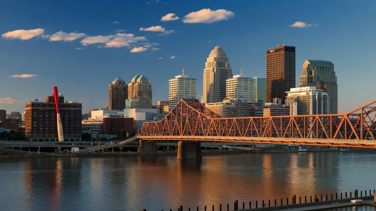 Louisville, Kentucky downtown skyline from the Ohio River waterfront with the Louisville Slugger Museum and Big Four Bridge at golden hour