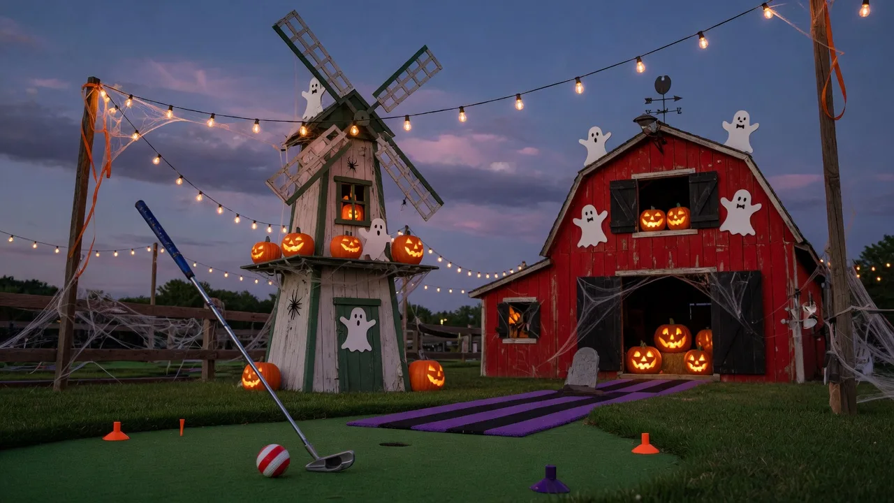 A Halloween-decorated miniature golf course glowing with jack-o-lanterns at dusk