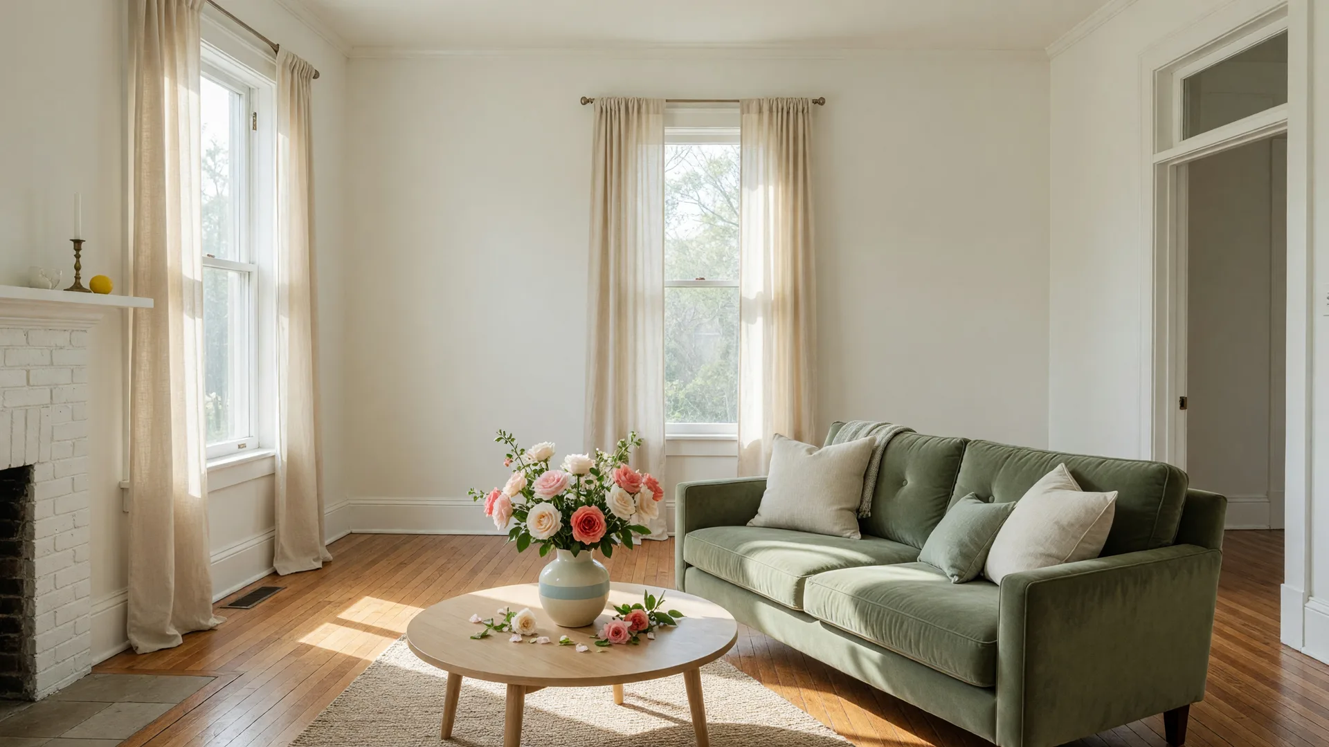 A bright staged living room with herringbone floors and a sage velvet sofa, ready for an open house
