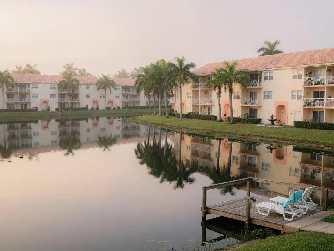 Calm lake with low-rise condo buildings and palms at Boca Lakes in Boca Raton