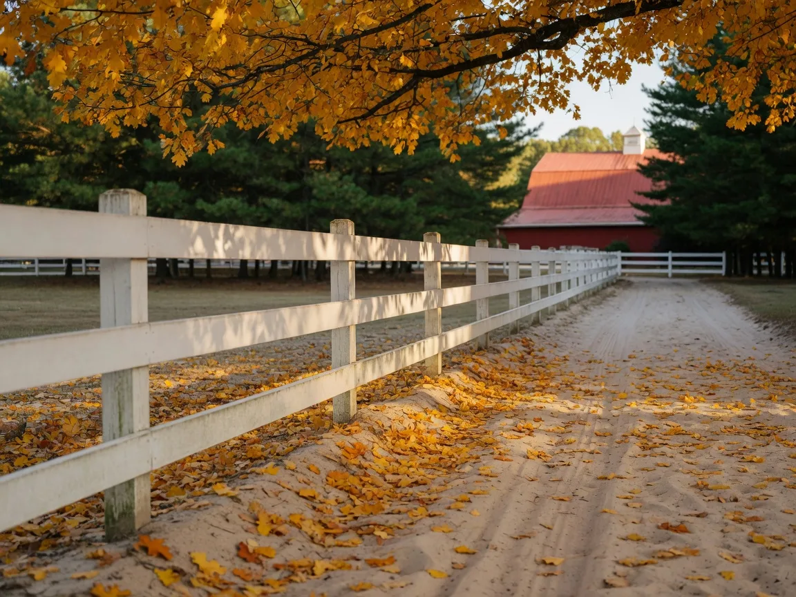 A white board fence line and sandy farm lane on an Aiken, South Carolina horse property in October, with golden leaves on the ground and amber oak foliage overhead