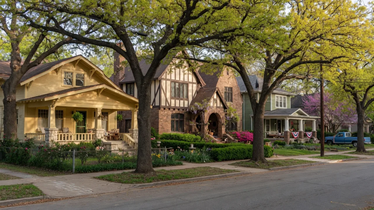 Tree-lined residential street in North Oak Cliff, Dallas with historic homes under a mature live oak canopy