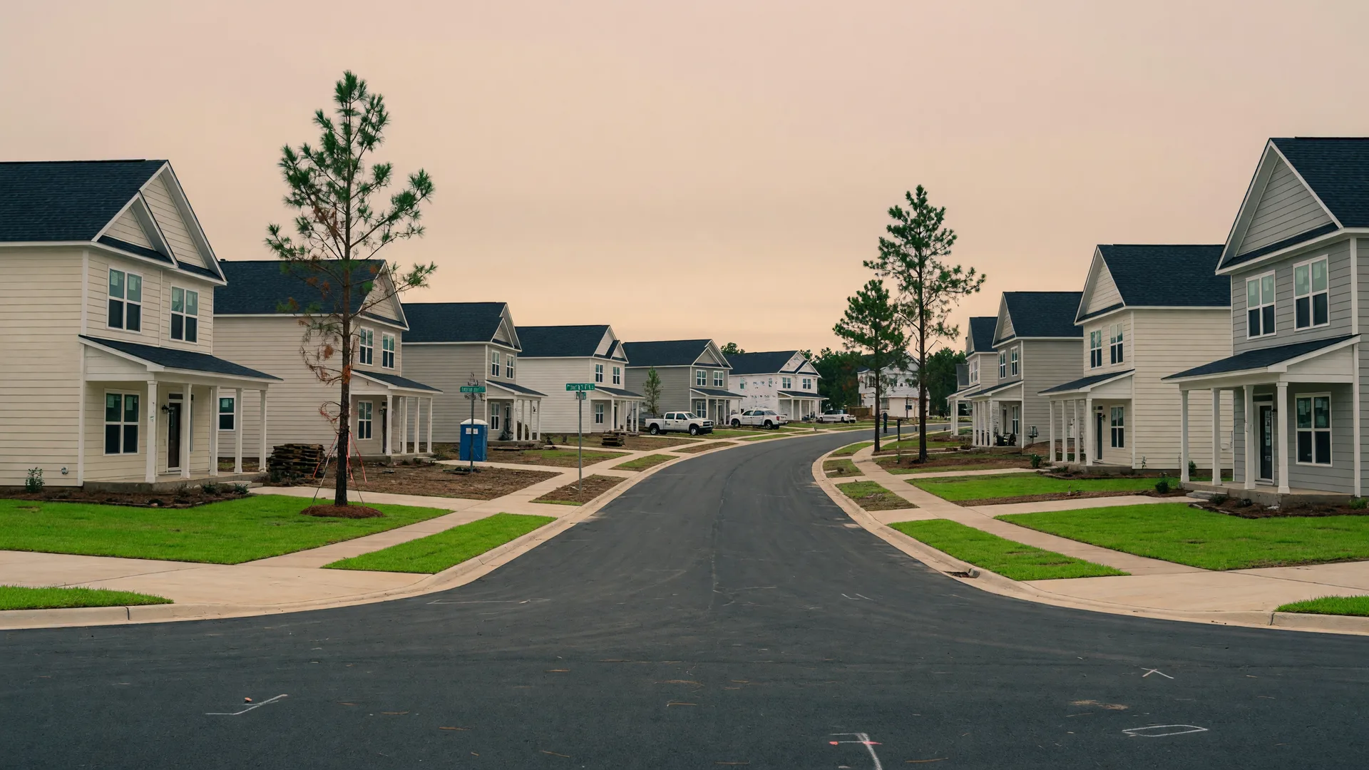 New construction homes with shingle roofs and sodded lawns along a wide street in a Charleston-area subdivision