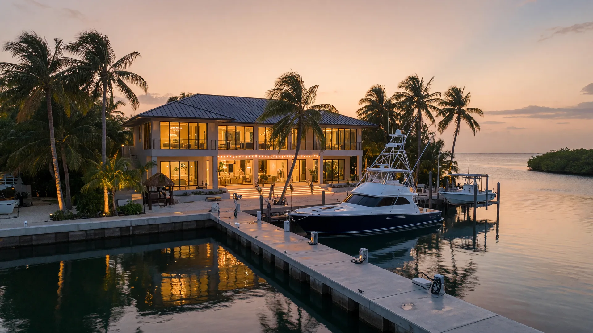 A trophy Florida Keys waterfront estate at dusk, a grand elevated luxury home with a standing-seam metal roof and floor-to-ceiling impact glass glowing warm amber, a long private concrete dock with a sportfishing yacht and boat lift, a deep-water canal reflecting a champagne and peach sky