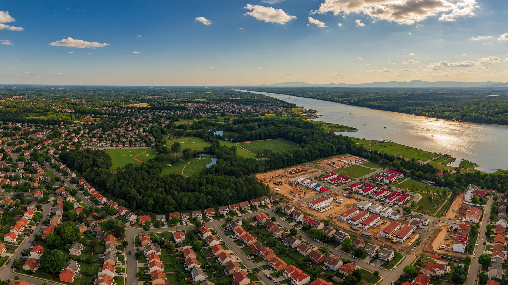 Aerial view of Prince William County Virginia ÃÂ¢ÃÂÃÂ suburban communities, Potomac River, and Blue Ridge Mountains