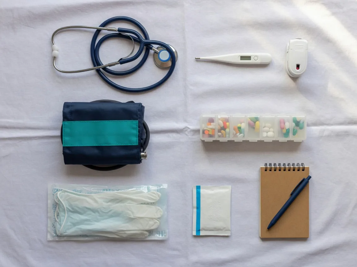 An overhead arrangement of home nursing supplies including a stethoscope, thermometer, pulse oximeter, blood pressure cuff, and medication organizer