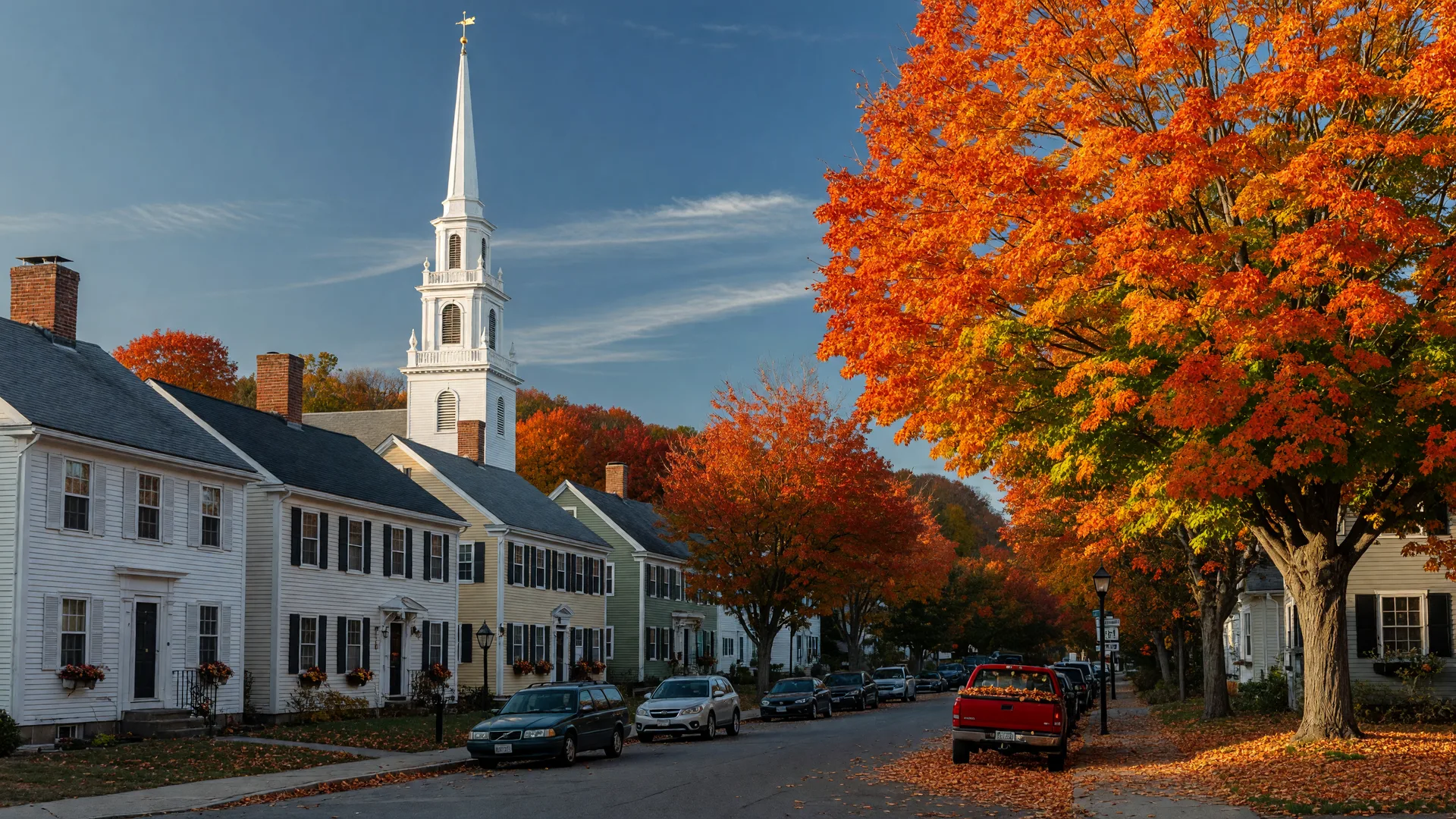 A classic New England town in central Massachusetts at peak autumn foliage, with a white church steeple above a historic main street