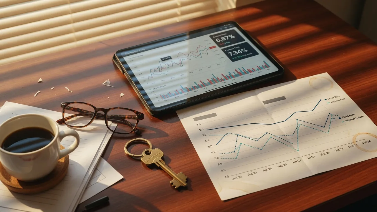 Tablet showing mortgage rate trends with a printed comparison chart, reading glasses, and a brass house key on a mahogany desk