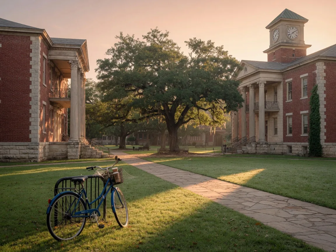 A historic Texas college campus in morning light: red-brick and limestone halls, white columns, and live oaks over a green quad