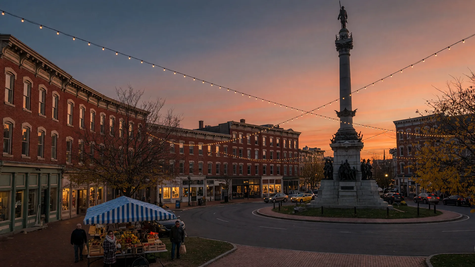 Downtown Easton's Centre Square at dusk in late September, string lights glowing between historic brick buildings and early-fall trees just turning color