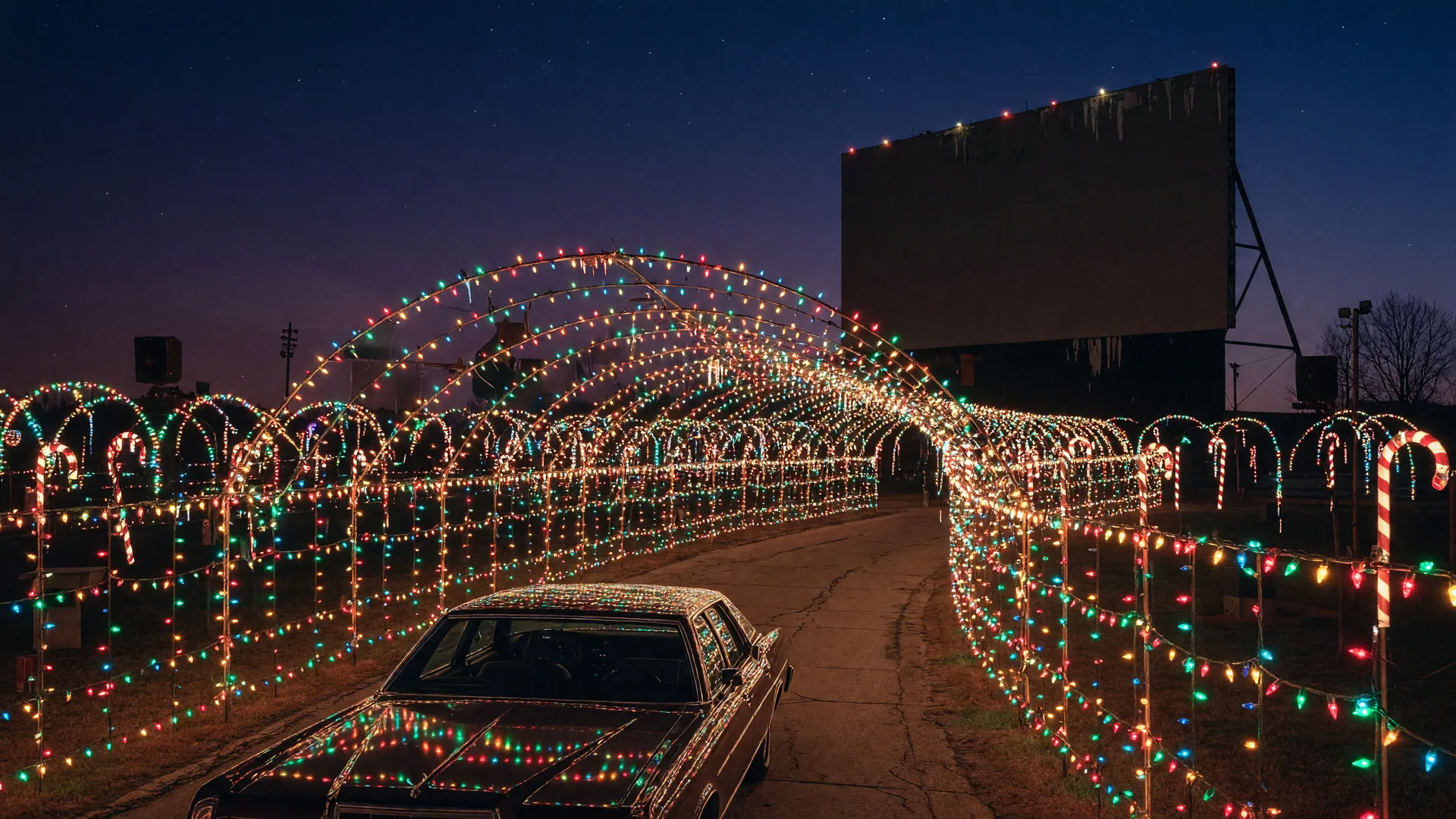 A car driving through a glowing tunnel of synchronized holiday lights at the Admiral Twin Drive-In in Tulsa on a winter night