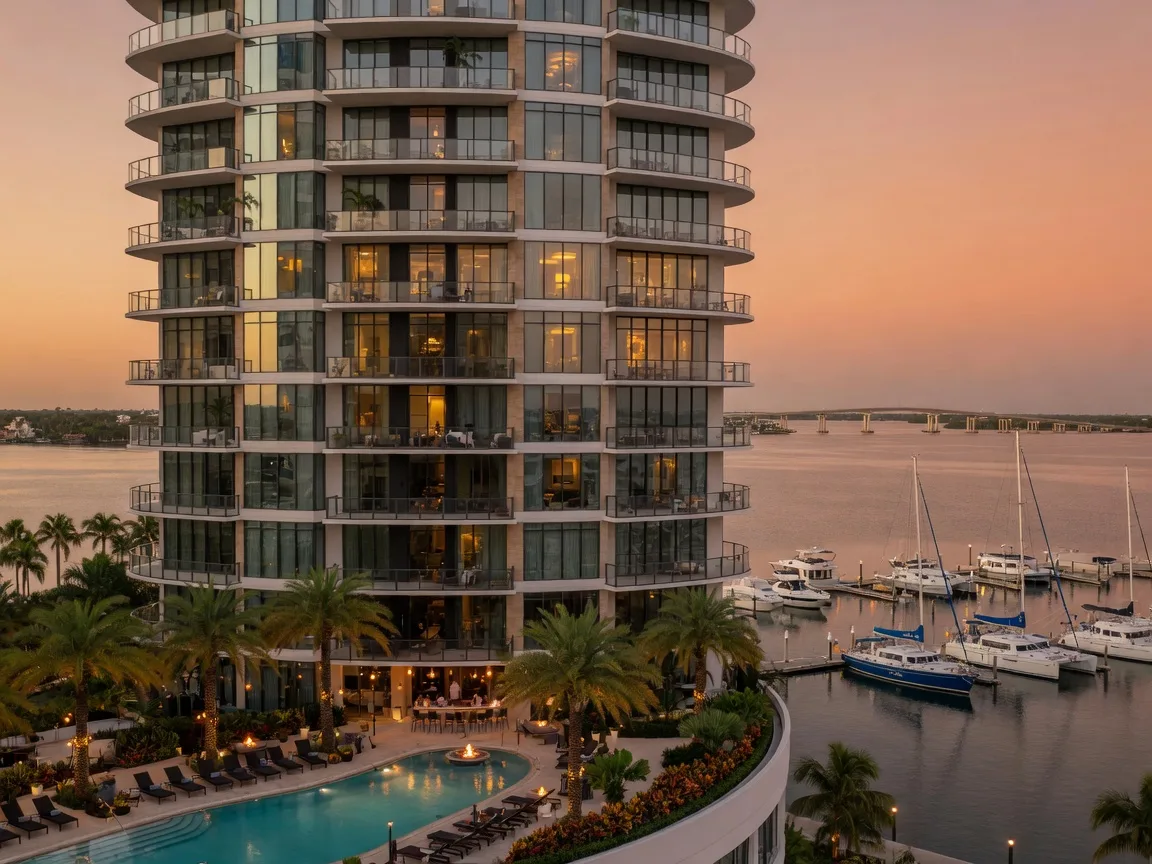 A sleek modern luxury condominium tower in downtown Sarasota with floor-to-ceiling glass balconies overlooking Sarasota Bay, a resort-style pool, and sailboats in the marina