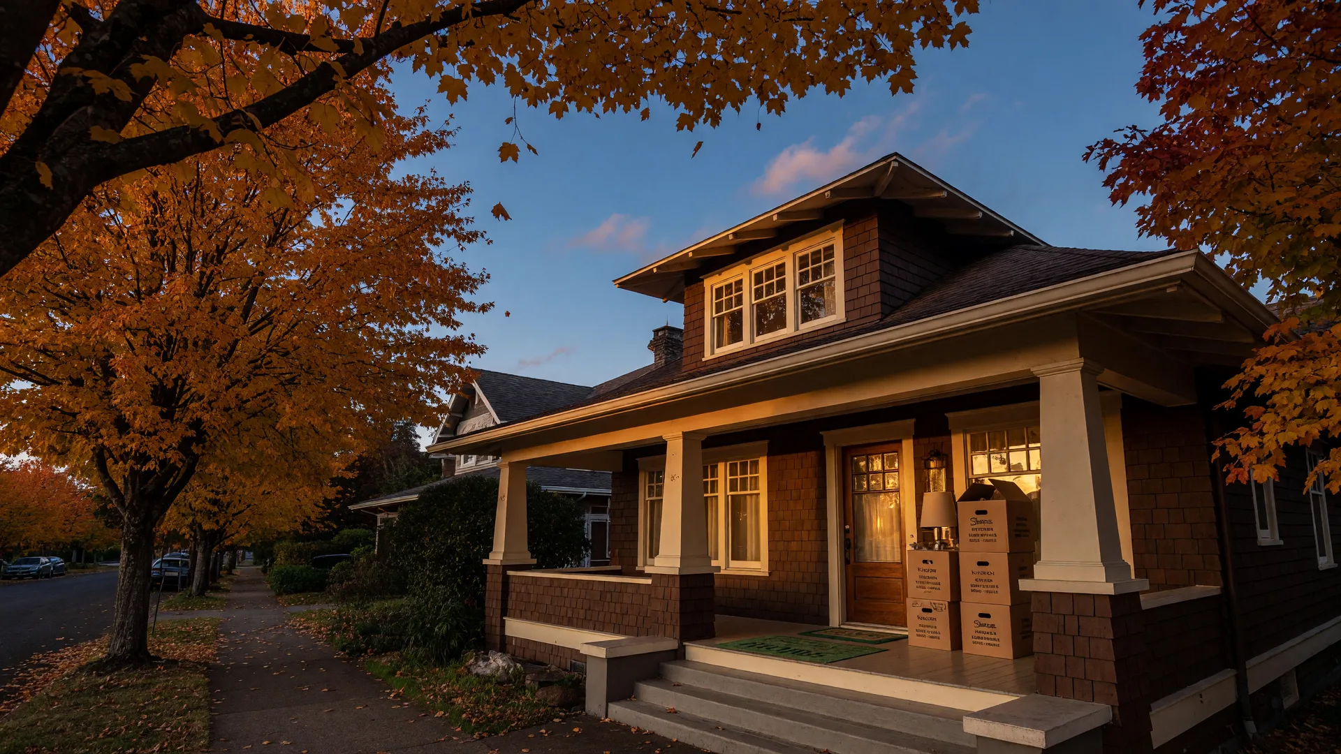 A Pacific Northwest craftsman home at golden hour with moving boxes on the front porch and amber maple trees on the street