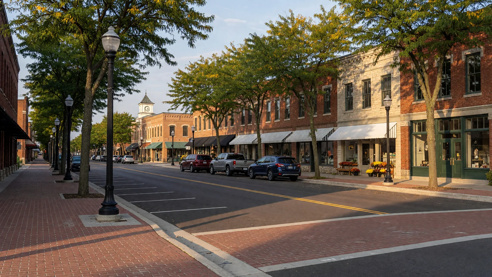 Freshly reconstructed small-town Minnesota main street with wide brick sidewalks, new streetlights, and autumn trees