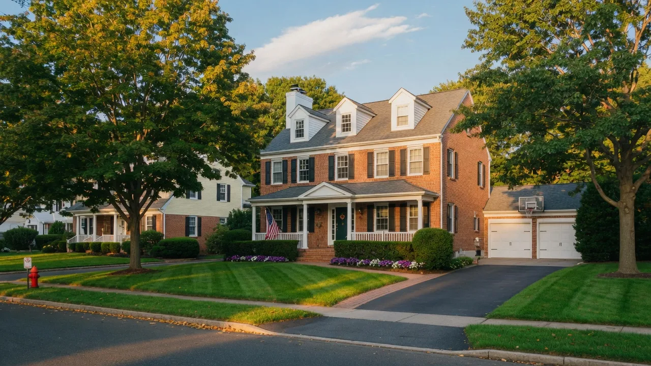 Beautiful colonial-style home in a quiet Delran neighborhood with manicured lawn and mature trees