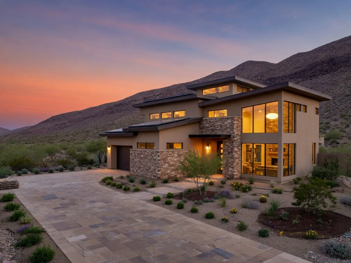 A new two-story desert-modern home in Southern Highlands at dusk, stacked stone and sand stucco, a glowing glass great room, and the ridge behind it