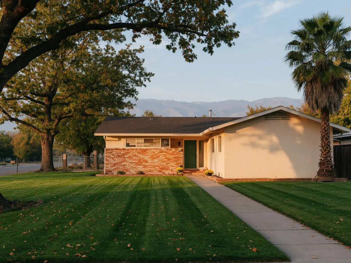 A well-kept single-story ranch home in Merced County on a clear October morning with cream stucco, a brick facade, oak and palm trees, and the Sierra Nevada foothills on the horizon