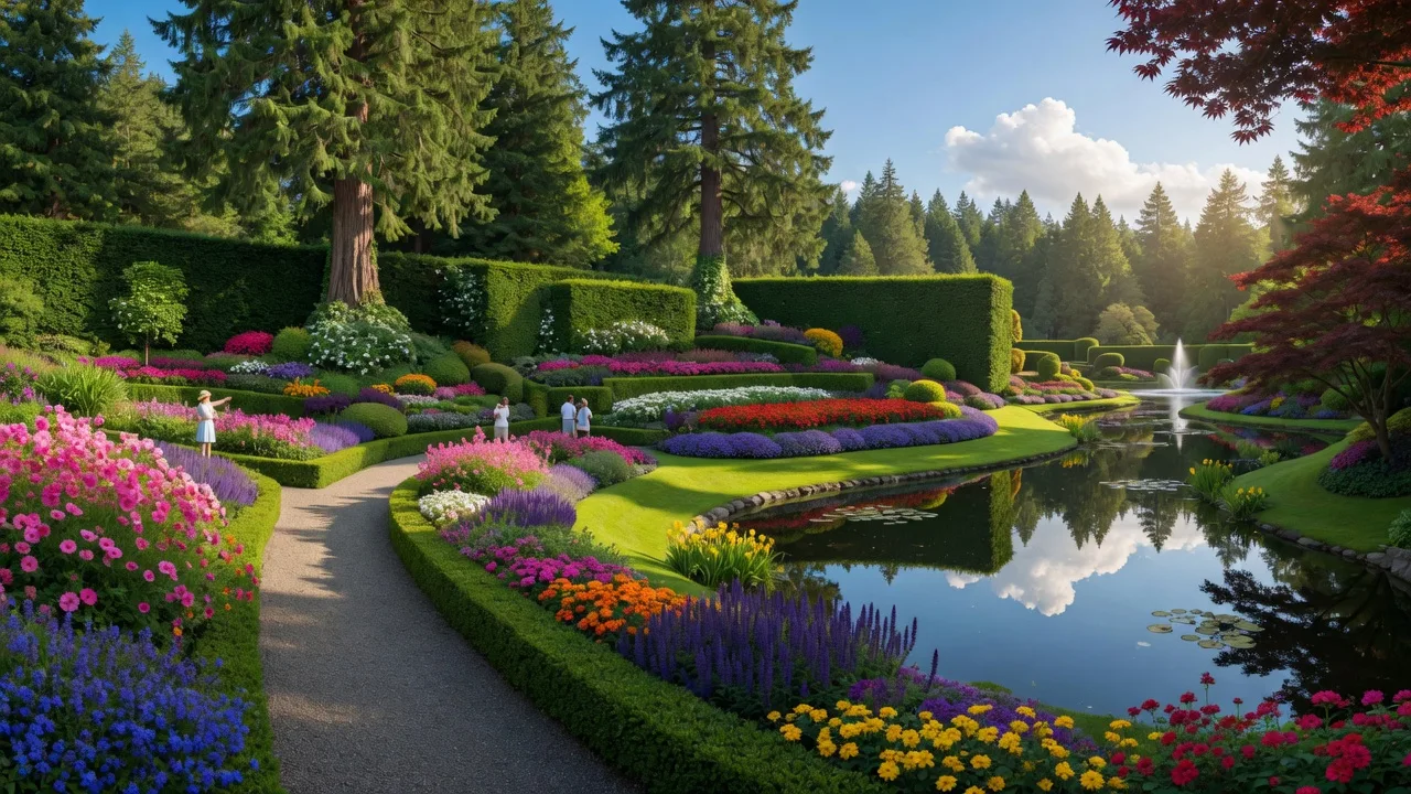 Butchart Gardens in Brentwood Bay, Victoria BC with lush flower beds, hedges, and a reflecting pond in summer