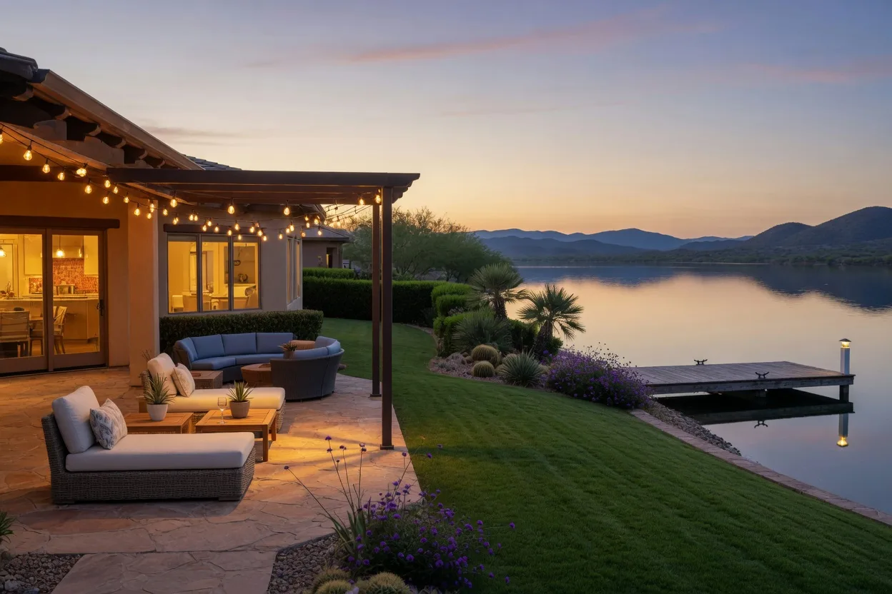 A backyard patio of a waterfront home overlooking the lake