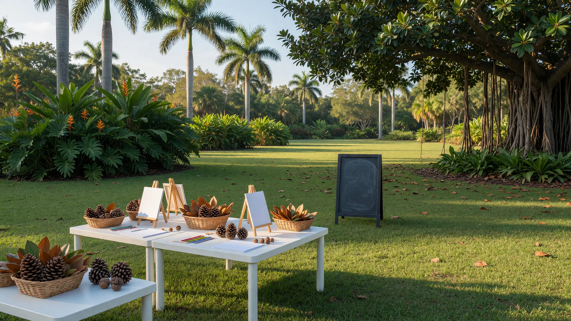 A sunny October morning at the Naples Botanical Garden family activity lawn with white craft tables, baskets of leaves and pinecones, and tropical palms